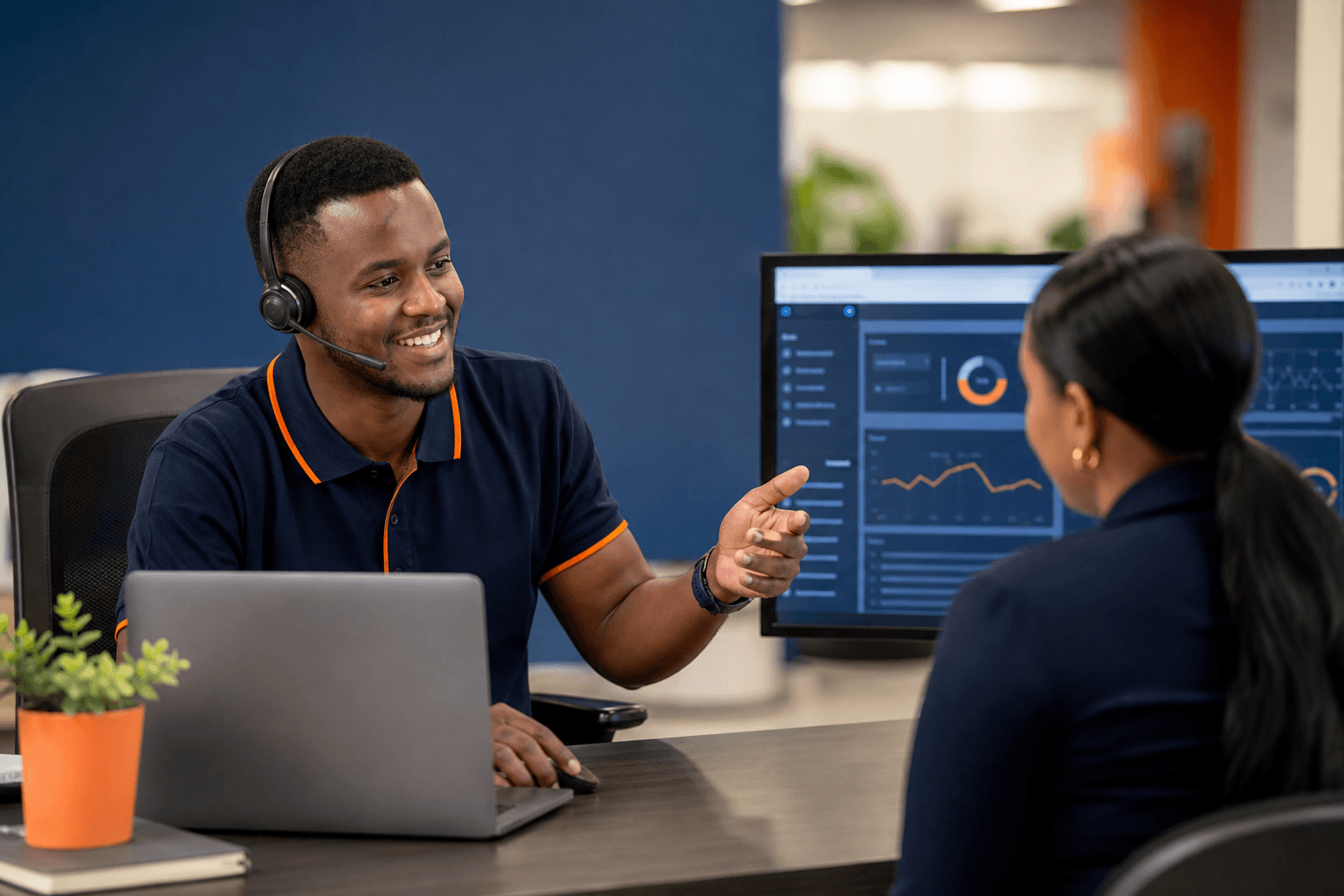 Technical support specialist helping a business customer